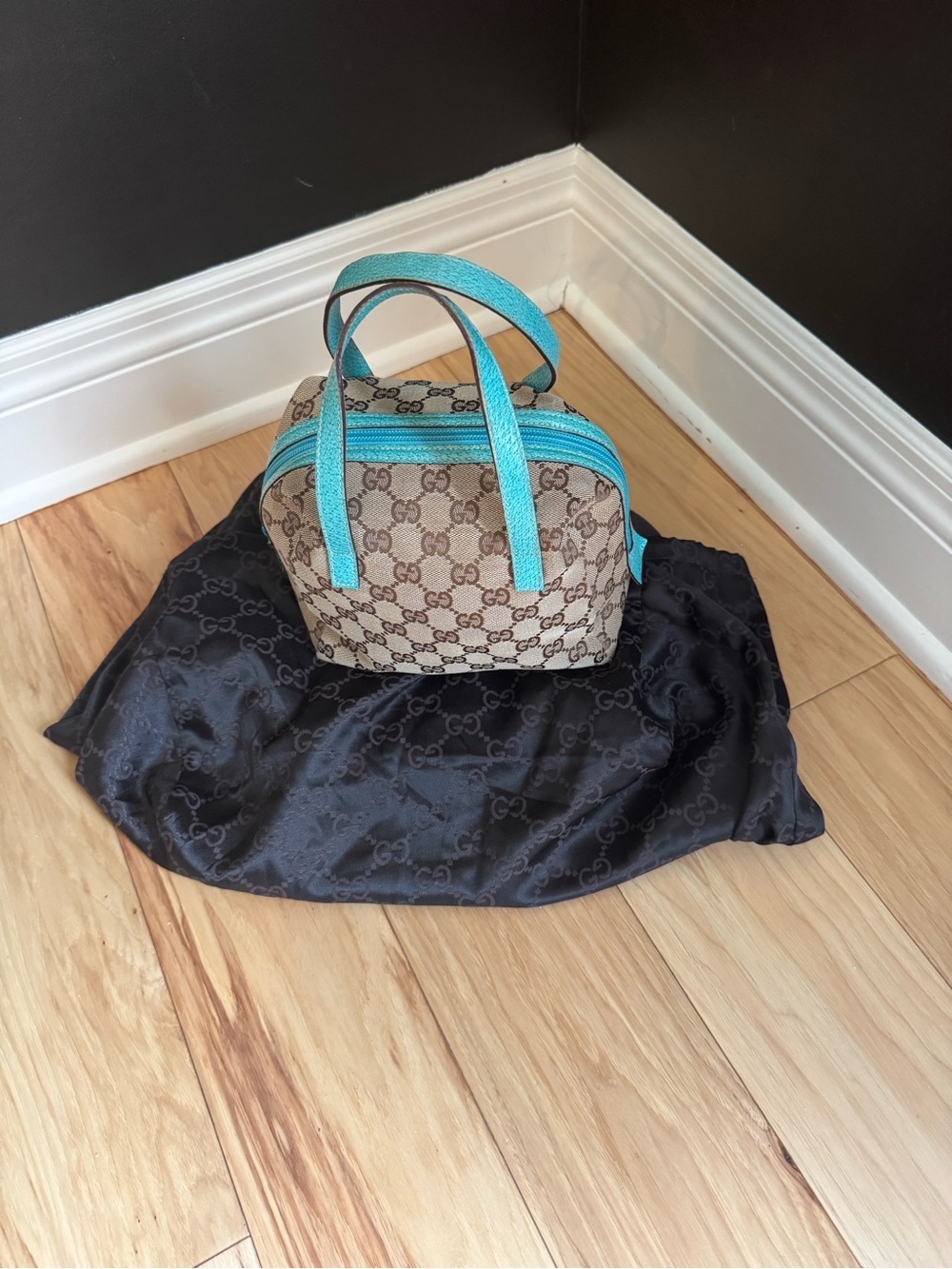 Gucci GG Canvas Monogram Mini Balthus Tofu Bag with Turquoise Trim